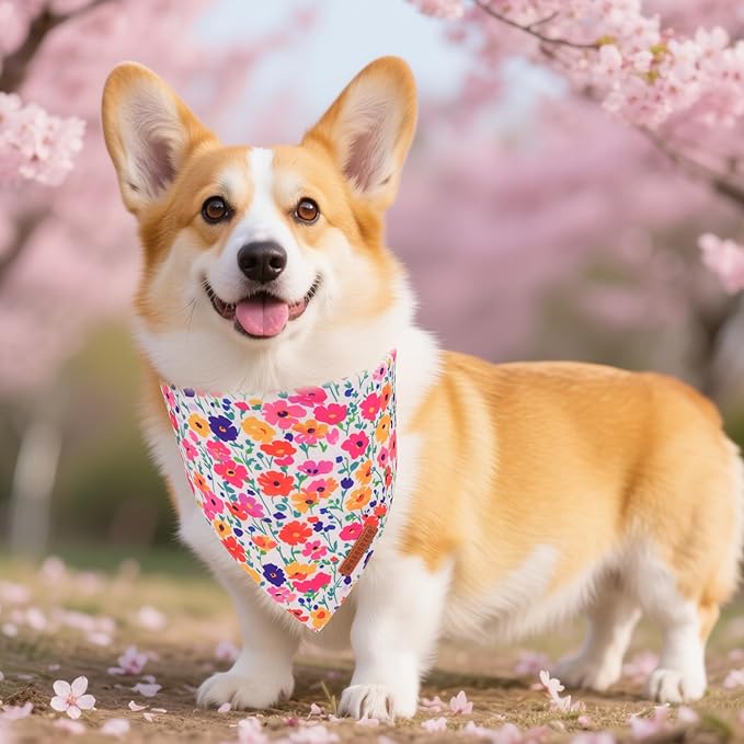 ADOGGYGO Floral Dog Bandanas 2 Pack, Reversible Cute Flower Scarf, Premium Fabric, Adjustable Fit Pink Blue Floral Bandanas for Small Dogs (Small)
