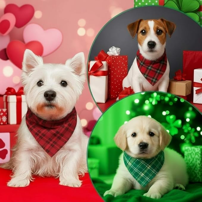 Abbylike 50 Pcs St. Patrick's Day Dog Bandanas Bulk Green Plaid Bandanas for Dogs Triangle Kerchief Bib Scarf for Pet Irish Holiday Costume Photo Props Accessories (19.7 x 13.8 x 13.8)