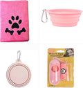 Pet Accessories Set, Pink Towel with Paw Print and Bone Designs, Collapsible Bowl, Waste Bag Dispenser