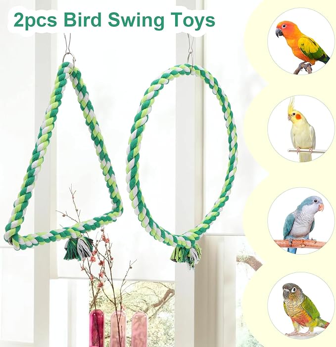 Wontee Bird Swing Bird Rope Perch Parrot Climbing Stand for Parakeets Budgies Cockatiel Conure Quaker Caique (M(9.8IN, 9.8IN))