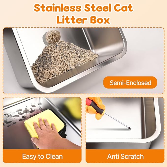 Stainless Steel Litter Box with Lid, 6” Deep Pan, Extra Large Litter Box for Big Cats, Anti-Leakage, Odor Free, Front & Top Dual Entry, Includes Litter Mat & Metal Scoop