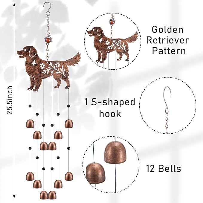 24 Inch Metal Wind Chimes Decor for Outside Garden Birthday Gift for Women Men Bronze Windchimes Pet Memorial Gift with 12 Bell for Patio Yard Lawn Housewarming Front Yard(Golden Retriever)