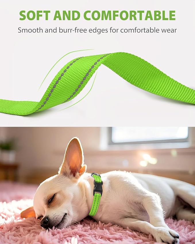 Joytale Small Dog Collar, Reflective and Adjustable Nylon Collar with Quick-Release Buckle, Lightweight No-Choke Design for Puppy and Extra Small Dogs, Green, XS