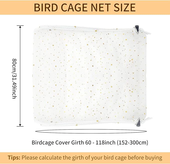 Bird Cage Cover, 60-118'' Large, 31.5'' H Adjustable Nylon Mesh Net, Soft Airy, White, Starry Sky Pattern, Drawstring, Breathable, Hand Wash Only
