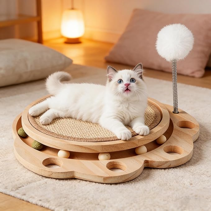 Cat Scratcher Board, 3-in-1 Cat Scratcher & Activity Center with Sisal Scratching Pad, Ball Track & Spring Toy, Interactive Cat Furniture for Indoor Cats