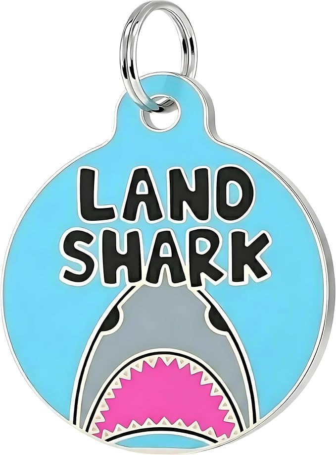 Bad Tags Personalized Dog and Cat ID Tags in 25+ Designs and 2 Sizes - 5 Lines of Custom Engraved Text - Funny Cute Personalized Pet Tags (Land Shark, Large (1.25 inch))