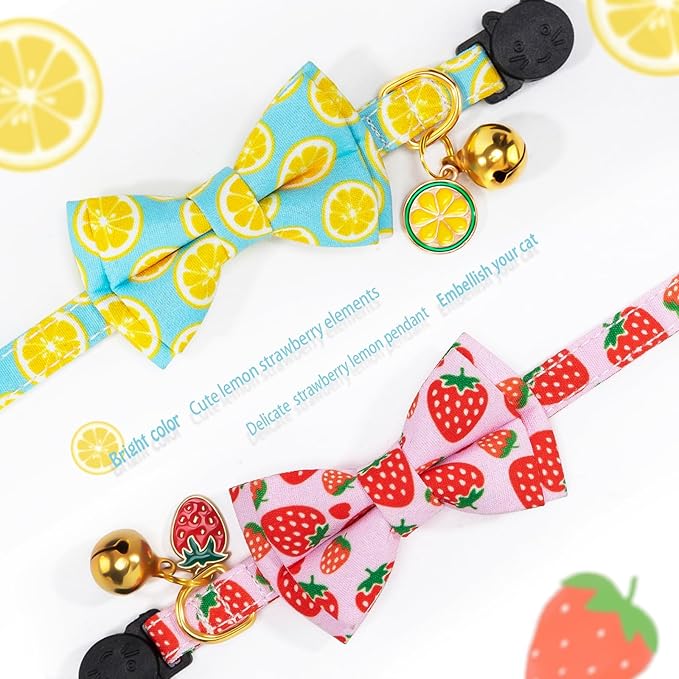 Breakaway Cat Collar with Cute Bow Tie Bell 2Pack Lemon Strawberry Summer Collars for Male Female Soft Cotton Kitty Kitten Collar Cute Cat Collars Ideal for Girl Cats Boy Male Cats