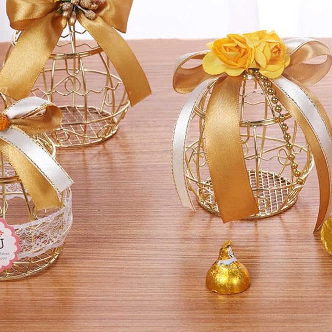 Beaupretty 6pcs Birdcage Shape Tinplate Candy Box Elegant Wedding Favor Containers for Sweets Treats and Decorative Hollow Chocolate Cases Golden Finish