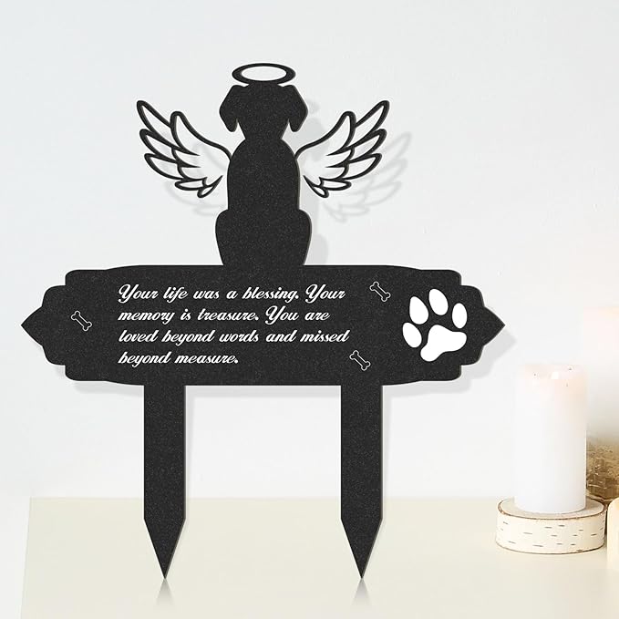 Dog Cemetery Decorations for Grave - Grave Garden Metal Decorations Memorial Dog Angel Wings Stakes Plaque Waterproof Black Grave Decoration Sympathy Garden Stake Markers Dog Grave Decor