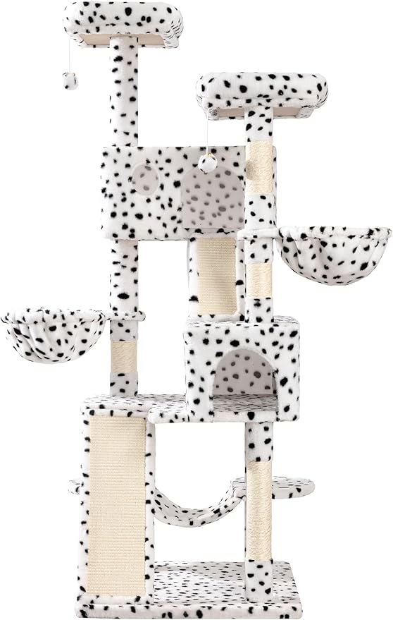 WEEWAY Cat Tree Tower for Indoor Cats,65'' Multi-Level Cat Furniture Activity Center,Stand House Condo Cave,Sisal Scratching Posts Ramps,Plush Perches Platforms Basket Hammock, White&Black Spot