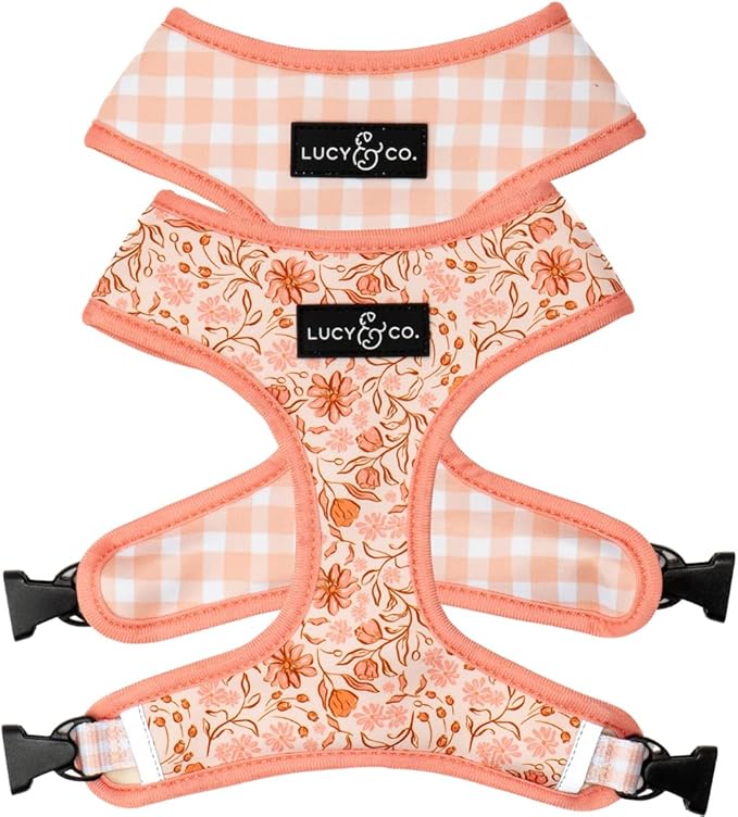 Lucy & Co. Cute Reversible Dog Harness Walking Halter - Best Designer Pet Harnesses for XS - XL Dogs - Padded Adjustable Vest for Easy Walking-Small-Peach Pink Floral Plaid