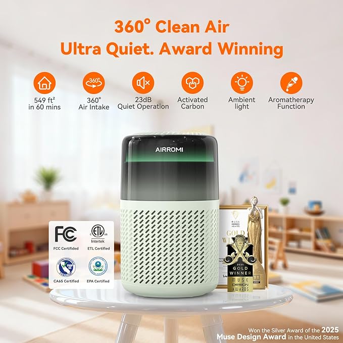 AIRROMI HEPA Air Purifier for Bedroom&Home,Pet Air Purifier for Home Pets,Removes Pet Odor,Cat Litter Smell,Dust,Smoke&Allergies,Quiet Room Air Purifier with Scents,360°Air Cleaner,A2005 Green