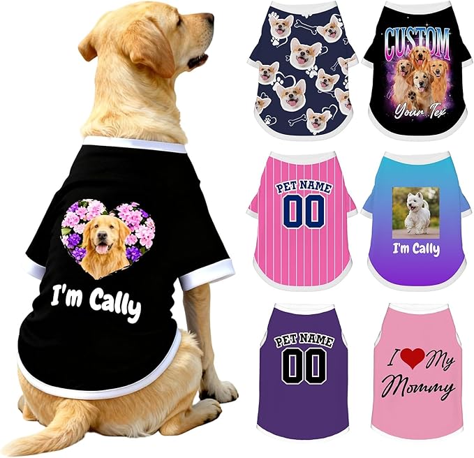 Custom Dog Shirt with Name Photo Text Logo Personalized Dog Pullover Shirts Customized T Shirt Clothes Gifts for Small Medium Large Dogs Cats Pet