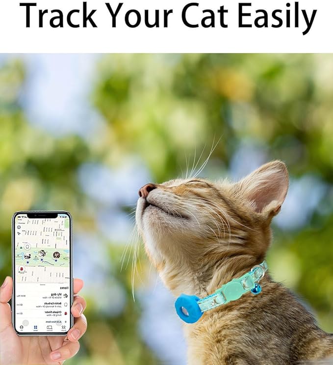 Airtag Cat Collar Breakaway, Safety Kitten Collar with Apple Airtag Holder, GPS Cat Collar with Bell, Lightweigh Tracker Cat Collars for Girl Boy Cats, Kittens and Puppies (Light Blue)