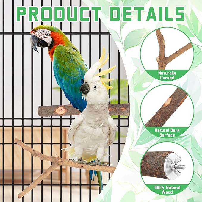BILLIOTEAM 4-Pack Natural Wood Bird Perch Stand with Spacious Platform, Thick & Long Branches, Large Parrot Cage Accessories for African Grey, Macaws, Conures, Eclectus (Medium & Large Birds)