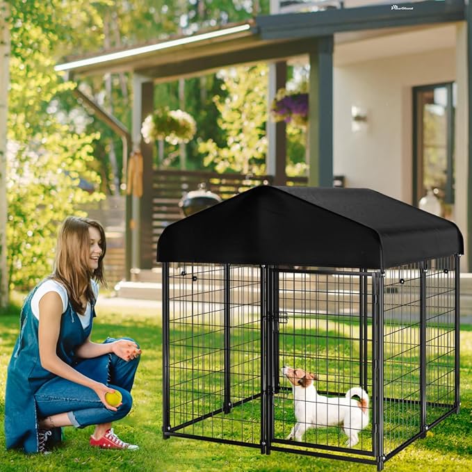 Dog Kennel Outdoor with Roof, 4'x4.2'x4.5' Welded Wire Dog Enclosures for Outside, Heavy Duty Dog Crate with UV-Resistant Waterproof Cover