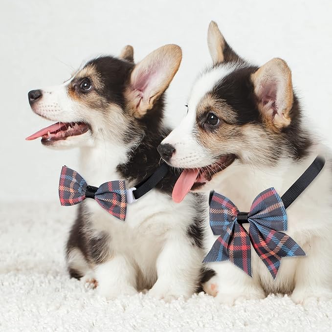 Reginary 100 Pieces Dog Bow Tie Collar Set Include 40 Dog Neckties, and 30 Puppy Bowties, 30 Collar Flowers, Adjustable Pet Ties Grooming for Small Medium Cats Pets Supply(Plaid)