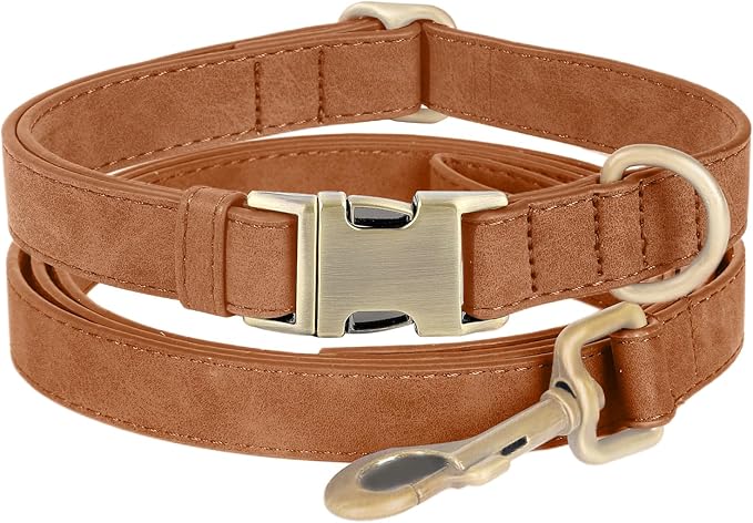 Genuine Leather Dog Collar - Adjustable Pet Collar with Quick Release Metal Buckle, Soft Skin Friendly Real Leather Collar for Small, Medium, Large Dogs (Khaki Collar + Rope, S：Fit 8-16" Neck)