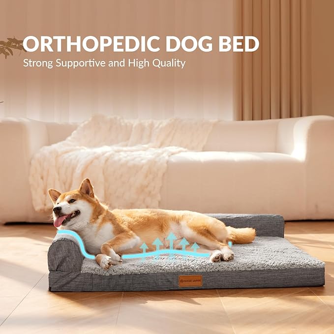 Patas Lague Orthopedic Dog Bed Medium Size Dog 30''X20'', Waterproof L Bolster Medium Pet Sofa Beds with Removable Washable Cover, Soft Comfortable Pet Couch Crate Mat with Nonskid Bottom, Grey