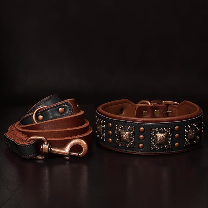 PET ARTIST Soft Padded Leather Dog Collar, 2 inch Wide Genuine Leather Dog Collars with Stylish Studded Rivet & Metal Buckle, Luxury & Adjustable Pet Collars for Medium Dogs,Black,Neck 16-19"