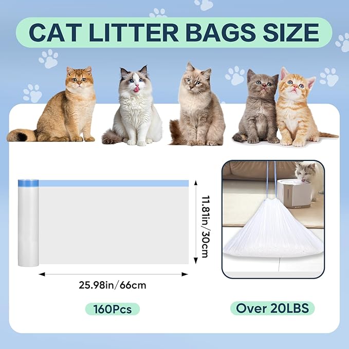 160 Count Cat Litter Box Liners Compatible with Cumrige & Fsitego & Fumoi Self Cleaning Litter Box, Cat Litter Liners for Automatic Litter Box, Heavy Duty Waste Bags with Drawstrings, 25.98" x 11.81"