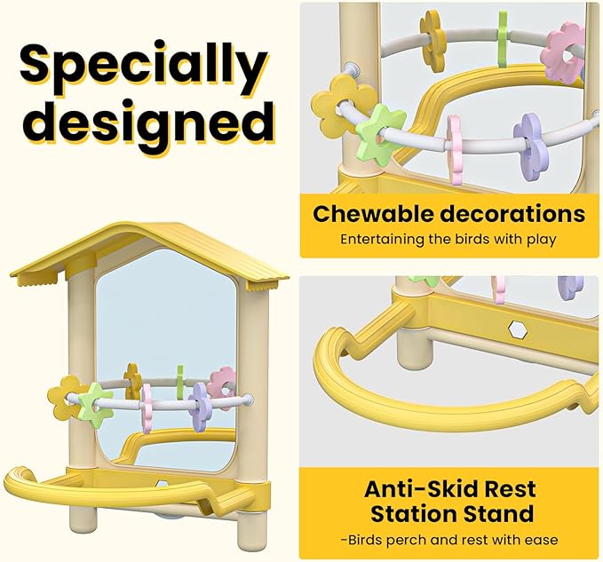 8.1 Inch Pet Bird Mirror with Perch Stand and Parakeet Chew Toys,Parrot Toys Bird Cage Decorative Accessory, Helps Birds Release Stress for Canaries Budgies Lovebirds Conures Cockatiels (Yellow)