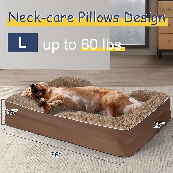 Orthopedic Dog Bed for Large Medium Sized, Washable Memory Foam Large Dog Bed, Medium Pet Sofa with Removable Cover, Washable Waterproof Pet Couch Beds(Brown, L)