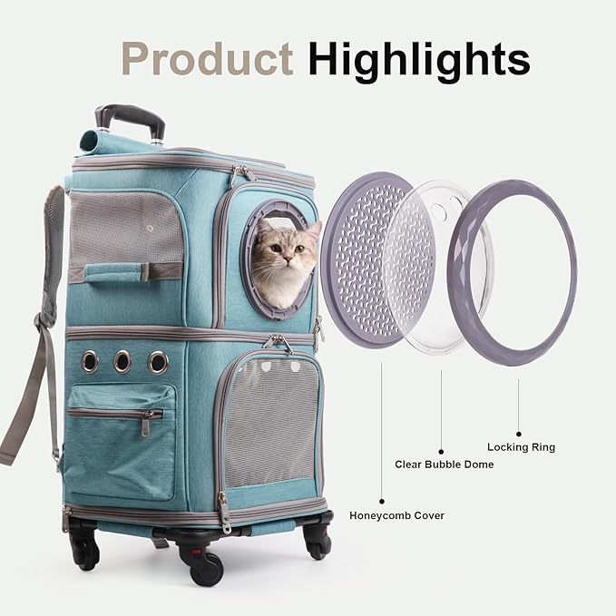 2-in-1 Pet Carrier Backpack for Two Cats or One Dog with Puller & Roller, Green Double Compartments Carry Bag for Large Fat Cat and Puppy Traveling and Hiking, Space Capsule Clear Bubble Dome