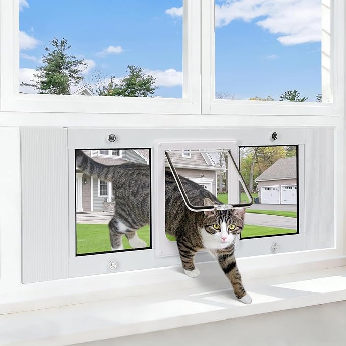 Full Size Cat Door Window Insert 27"-32" Various Sliding Windows, 4 Flexible Locking Modes, High-Definition, high-Transparency cat Door for Windows, Magnetic Reset Design