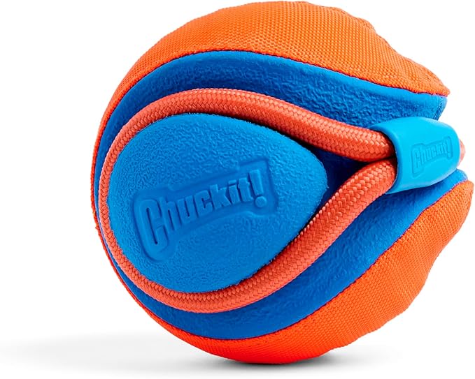Chuckit! Rope Fetch Dog Toy - Ball on Rope Fetch and Tug-of-War Toy for Dogs - Durable EVA Rubber Construction - 5.5-inch Diameter - 18-inch Rope - Orange and Blue