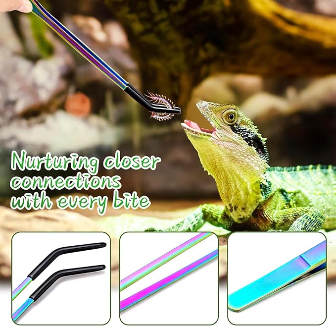 OLIISS Stainless Steel Reptile Feeding Tongs with Rubber Tip - 10.6" Straight & Curved Tweezers for Aquariums & Crafts - Feeder Tools for Bearded Dragons & Lizards - Terrarium Tank Supplies - 2 Pack
