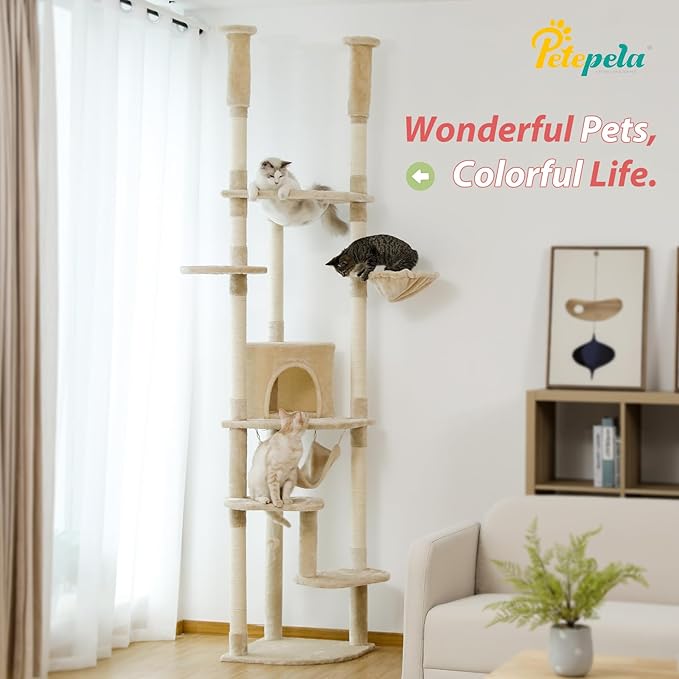 PETEPELA Floor to Ceiling Cat Tree, 92.9''-101.6''Height Adjustable Cat Tower Tall Cat Climbing Play House, Cozy Condo, Scratching Post and Spacious Hammock for Indoor Cats Large Adult, Beige