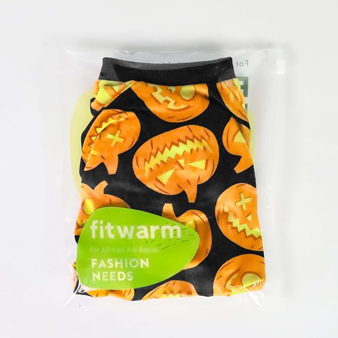 Fitwarm Halloween Pumpkin Dog Pajamas, Funny Dog Winter Clothes for Small Dogs Girl Boy, Pet Jumpsuit, Cat Halloween Costumes with Feet, Lightweight Velvet, Black, Orange, Large