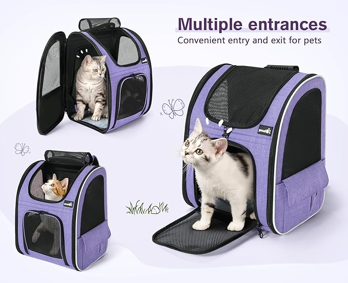Pecute Cat Backpack Carrier Expandable, Pet Backpack for Cats & Small Dogs Up to 11lbs, with 4-Side Breathable Mesh, Multi-Entry & Lockable Zippers for Travel, Hiking, Camping - Hands Free, Purple