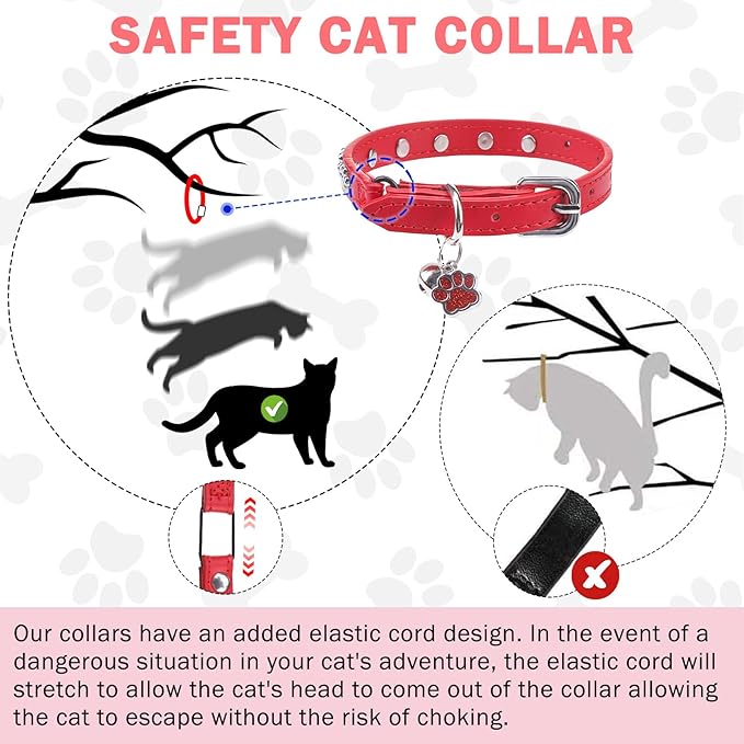 SCENEREAL Cat Collar with Bells, Leather Cat Collars with Paw Studded, Adjustable Pet Collars for Boy Girl Cats,Soft Cute Cat Collar for Kitty Puppy Small Big Cats, Red