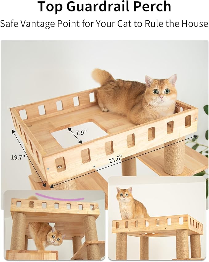 74" Wooden Cat Tree Tower for Large Cats, Multi-Level Cat Climbing Furniture with Scratching Posts, Cat Condo & Hammock, Natural Wood Cat Activity Center(Brown)