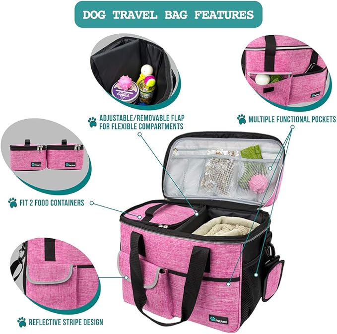 PetAmi Dog Travel Bag - Travel Pet Organizer with Food Container and Bowls, Perfect for Weekend Camping or Gifting - Pink, Medium