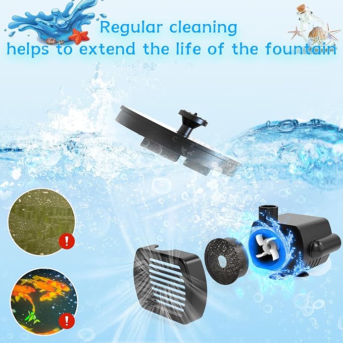AMZtime Solar Water Fountain, Upgraded Solar Bird Bath Fountains with 6 Nozzles, Free Standing Floating Solar Powered Water Fountain Pump for Bird Bath, Garden, Pond, Pool and Outdoor