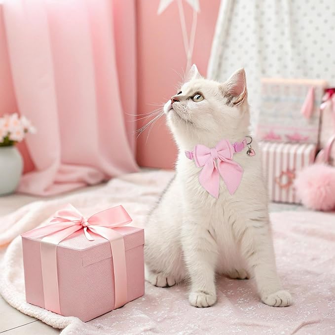 SCENEREAL Cat Collar with Bell & Stylish Bowtie, Pink Breakaway Cat Collars Accessories for Boy Girl Small Cats, Holiday Kitten Costumes for Female Male Pets