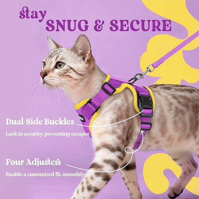 rabbitgoo Cat Harness and Leash for Walking, Escape Proof Soft Adjustable Vest Harnesses for Cats, Easy Control Breathable Reflective Strips Jacket, Purple&Yellow,S