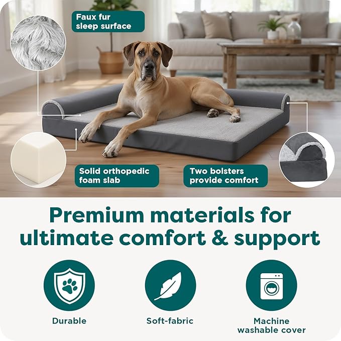 Furhaven Orthopedic Dog Bed for Large Dogs w/ Removable Bolsters & Washable Cover, For Dogs Up to 125 lbs - Plush & Velvet L Shaped Chaise - Deep Sapphire, Jumbo Plus/XXL