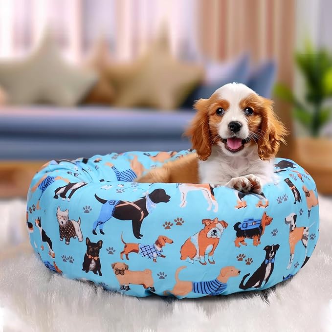 Round Replacement Dog Bed Covers Elastic Edged Washable Pet Bed Protector with Cute Dog Pattern Design for Small & Medium Pet Beds, Cover Only (Blue, 30×9.8 Inch)
