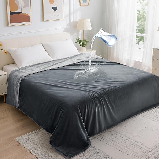 LOOBANI Waterproof Blanket for Bed: Reversible Soft Flannel Queen Bed Blanket 80" x 90", Waterproof Dog Blankets for Large Dogs, Spill-Proof Cover for Furniture Protection, Movie Time, Grey