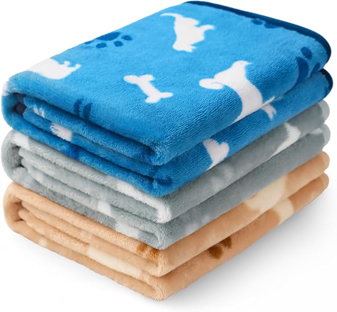 Luciphia 1 Pack 3 Dog Printed Fleece Pet Blankets Washable，Soft Warm Throw Covers for Crate Couch Bed，Cozy Puppy Essentials for Dogs and Cats， Blue/Grey/Khaki, Medium (30x20)