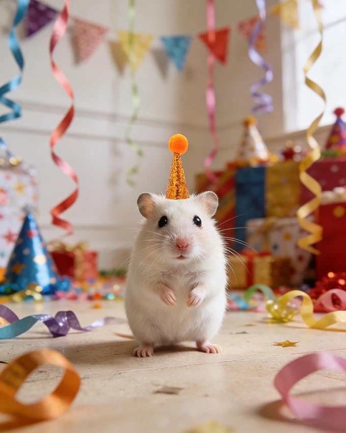 PET SHOW 10 Pack Mini Party Hats for Animal Figures with Plush Pom Adjustable Tiny Hat for Dinosaurs Desk Goose Hamster Hedgehog Guinea Pig Chicken Small Pet Birthday Accessories