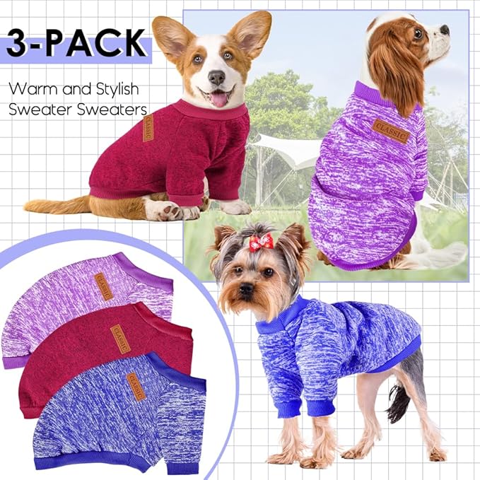3 Pack Dog Sweaters for Small Dogs Girl Boy Winter Fleece Clothes Warm Soft Dog Sweatshirt Outfit for Dogs Cats Pet Apparel