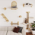 BYBYME 7Pcs Cat Wall Shelves, Solid Wood Indoor Cat Tree, Multi-Levels, Sturdy Wooden Wall Mounted Climbing Frames with Scratching Posts, Kitten Platform and Bed（Natural Wood）