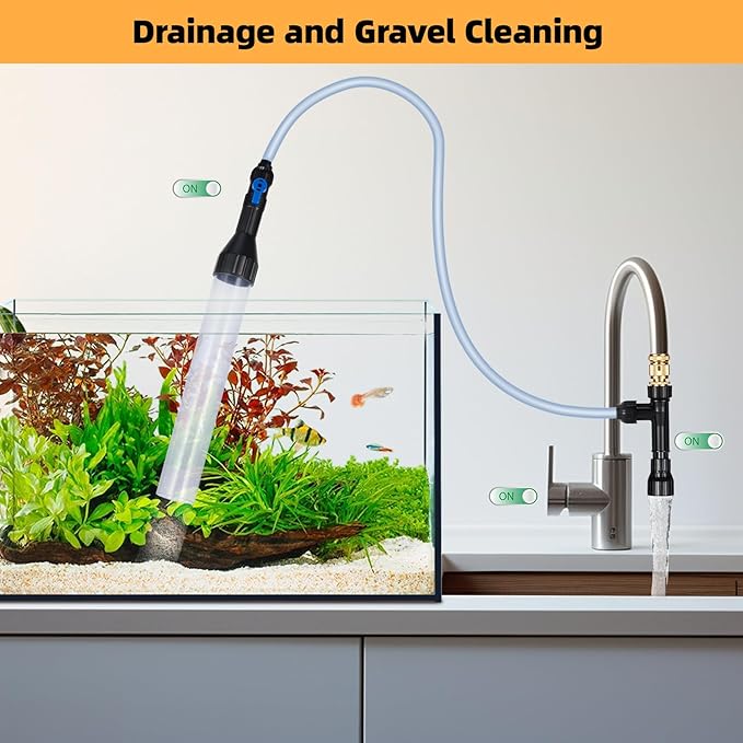 DXOPHIEX Gravel Vacuum for Aquarium Fish Tank Siphon Aquarium Water Changer with Three Metal Faucet Adapter and Long Hose 30 Feet