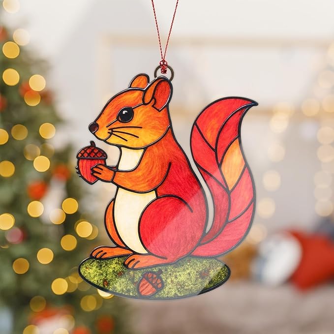 Squirrel Ornament, Squirrel Ornaments for Christmas Tree, Christmas Ornaments 2025, Woodland Creature Holiday Decor, Animal Ornament for Tree, Suncatcher Hanging Decoration, Unique Gifts for Women