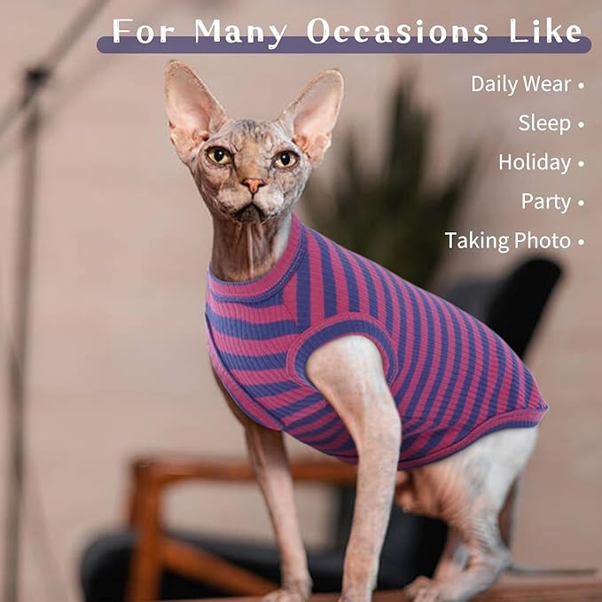 BRKURLEG Sphynx Hairless Cats Shirt Puppy Clothes Soft Cotton T-Shirts Cute Cats Pajamas Cat Stripes Vest Pet Sweater, Round Collar Vest Kitten Shirts(PinkBlue Stripes, S)